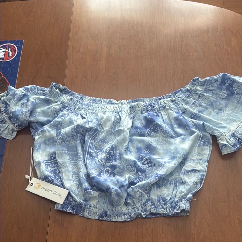 Ocean Drive Blue and White Puff Sleeve Smocked Blouse